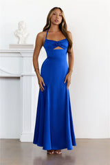 Chic And Irresistible Satin Halter Maxi Dress Blue